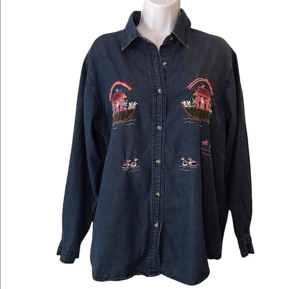 Vintage Way To Go Chambray Noah’s ark Embroidery Button Up Top Size L - Picture 1 of 5